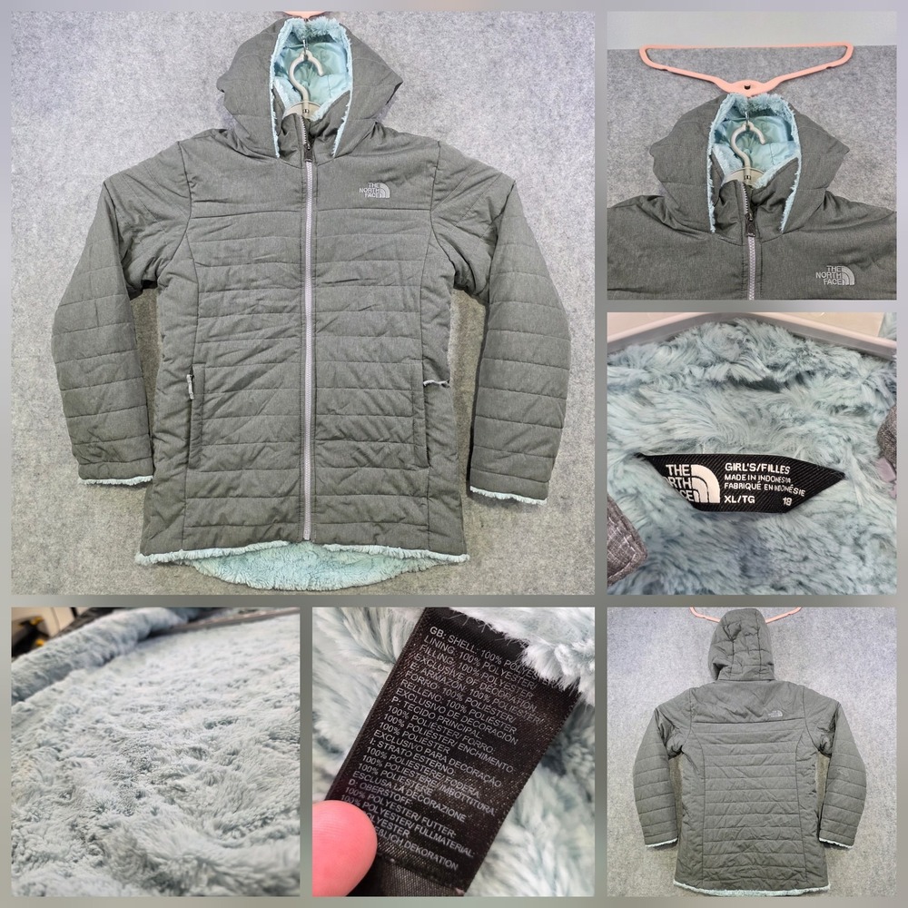 The North Face Mossbud Swirl Jacket Girls XL 18 Gray Sherpa Fleece Lined Puffer